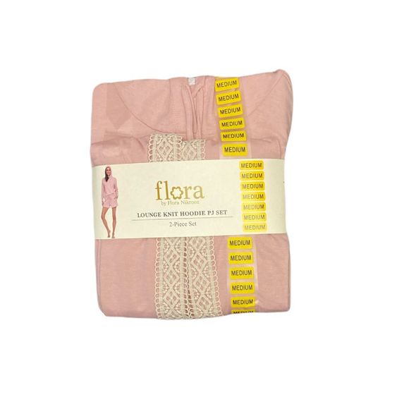 Flora Women's Lounge Brushed Knit Lace Detail Hoodie & Shorts PJ Set - Pink - Picture 1 of 1